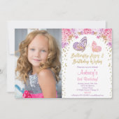 ピンク金ゴールドパープエレガントルバタフライの誕生日 招待状 (正面)