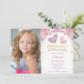 ピンク金ゴールドパープエレガントルバタフライの誕生日 招待状 (スタンド正面)