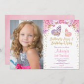 ピンク金ゴールドパープエレガントルバタフライの誕生日 招待状 (正面/裏面)