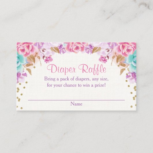 ピンク金ゴールドパープルティール（緑がかった色）フローラおむつラッフル エンクロージャーカード (正面)