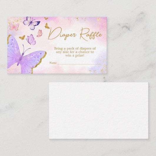 ピンク金ゴールドパープルバタフライおむつラッフル エンクロージャーカード (正面/裏面)