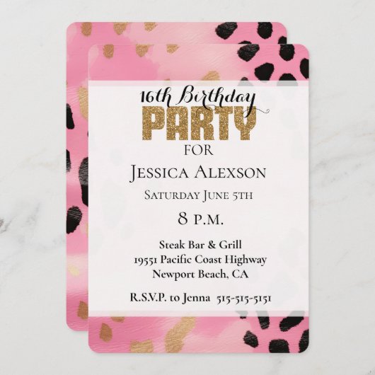 ピンク金ゴールドヒョウ金ゴールドグリッターパーティー 招待状 (正面/裏面)