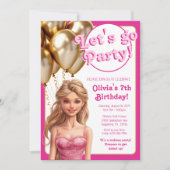 ピンク金ゴールドファッションドール誕生日パーティー 招待状 (正面)