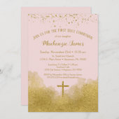 ピンク金ゴールドファーストホーリーコミュニオン招待状ガール 招待状 (正面/裏面)