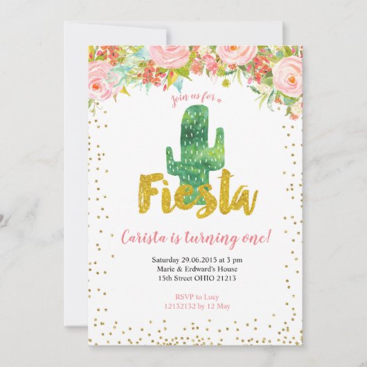 ピンク金ゴールドフィエスタファースト誕生日招待 招待状 (正面)