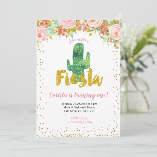 ピンク金ゴールドフィエスタファースト誕生日招待 招待状 (スタンド正面)