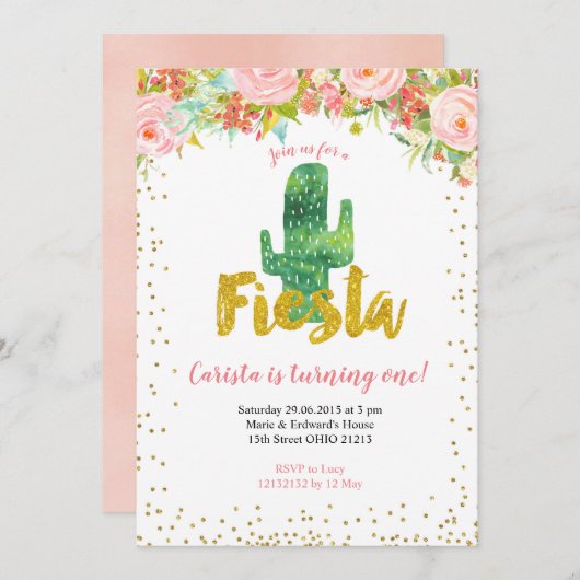 ピンク金ゴールドフィエスタファースト誕生日招待 招待状 (正面/裏面)