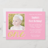 ピンク金ゴールドフェイクグリッター写真1日目の誕生日 招待状 (正面)