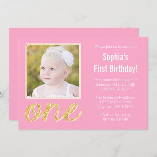 ピンク金ゴールドフェイクグリッター写真1日目の誕生日 招待状 (正面/裏面)