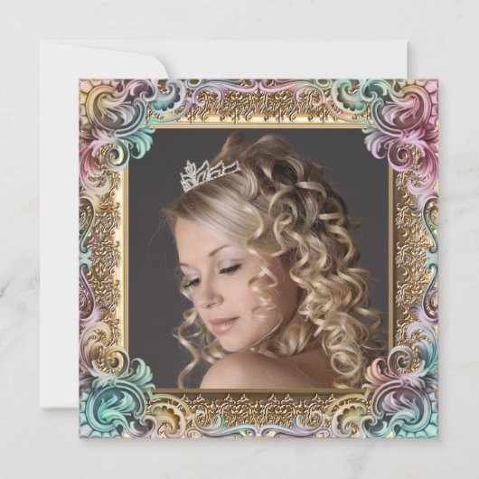 ピンク金ゴールドフォトSweet sixteen誕生日パーティー 招待状 (正面)