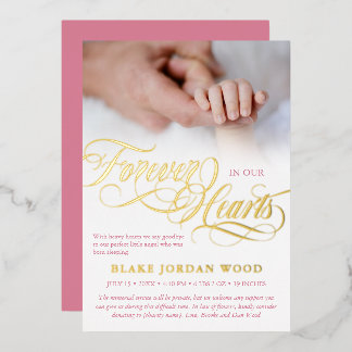 ピンク金ゴールドフォーエバーハートベビー記念 箔招待状