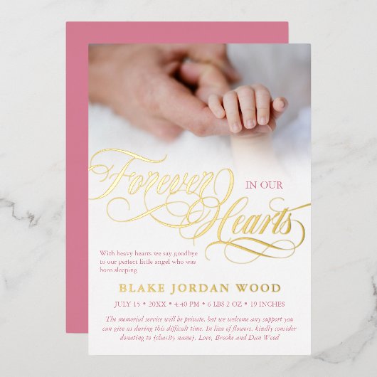 ピンク金ゴールドフォーエバーハートベビー記念 箔招待状 (正面/裏面)