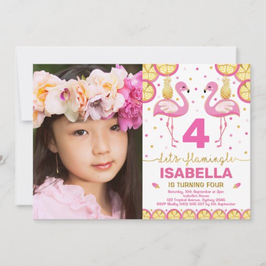 ピンク金ゴールドフラミンゴ誕生日トロピカルプールパーティー 招待状 (正面)