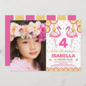 ピンク金ゴールドフラミンゴ誕生日トロピカルプールパーティー 招待状 (正面/裏面)