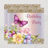 ピンク金ゴールドフラワーバタフライウーマンバースデーパーティー 招待状 (正面/裏面)