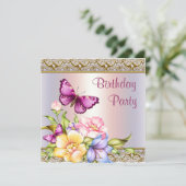 ピンク金ゴールドフラワーバタフライウーマンバースデーパーティー 招待状 (スタンド正面)