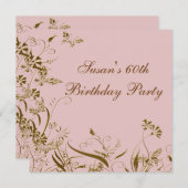ピンク金ゴールドフラワーバタフライ女性60誕生日 招待状 (正面/裏面)