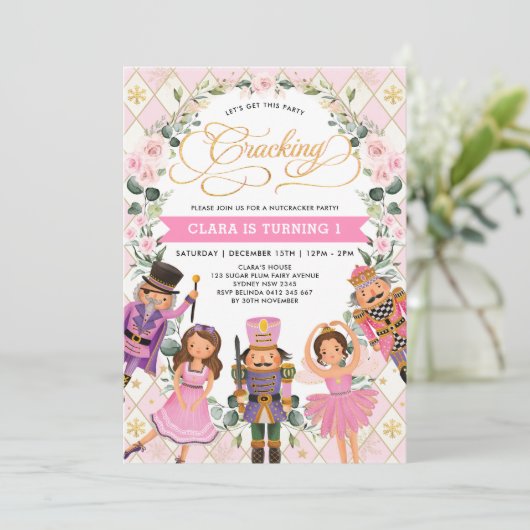 ピンク金ゴールドフローラくるみ割りガールズバースデーパーティー 招待状 (スタンド正面)