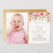 ピンク金ゴールドフローラの写真バプテスマの招待 招待状 (正面/裏面)