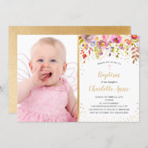 ピンク金ゴールドフローラの写真バプテスマの招待