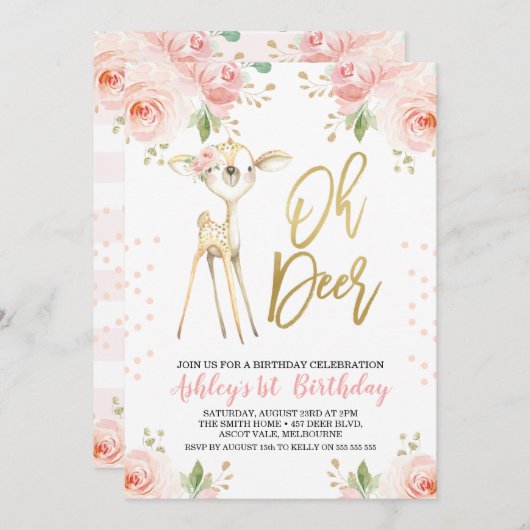 ピンク金ゴールドフローラオーディア誕生日招待状 招待状 (正面/裏面)