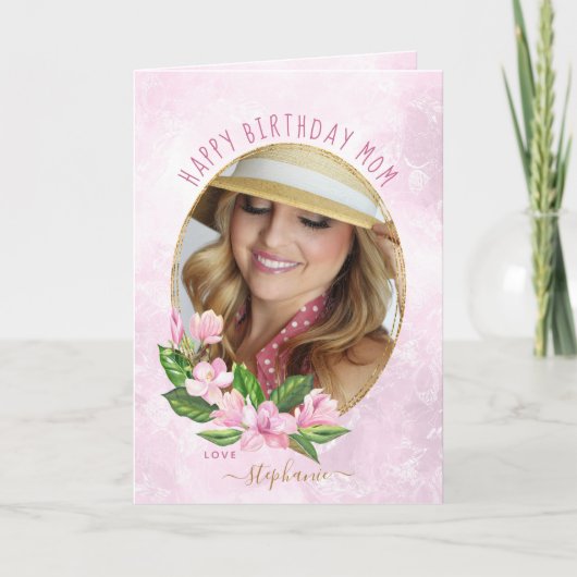 ピンク金ゴールドフローラカスタムリース写真誕生日 カード (正面)