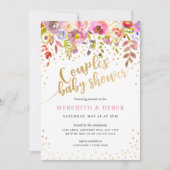 ピンク金ゴールドフローラカップルベビーシャワー招待状 招待状 (正面)