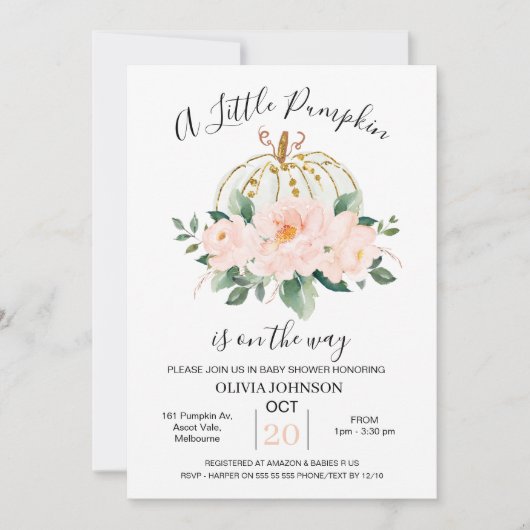 ピンク金ゴールドフローラカボチャ赤ちゃんシャワー招待状 招待状 (正面)