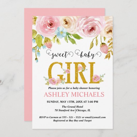 ピンク金ゴールドフローラガールベビーシャワー招待状 招待状 (正面/裏面)
