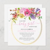 ピンク金ゴールドフローラガールベビーシャワー 招待状 (正面/裏面)