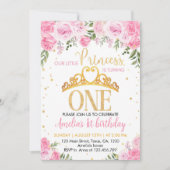 ピンク金ゴールドフローラクラウンプリンセス1st誕生日 招待状 (正面)