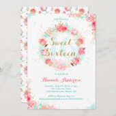 ピンク金ゴールドフローラケーキリースSweet sixteen招待状 招待状 (正面/裏面)