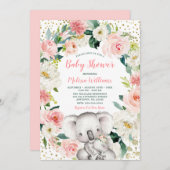 ピンク金ゴールドフローラコアラガールベビーシャワー 招待状 (正面/裏面)
