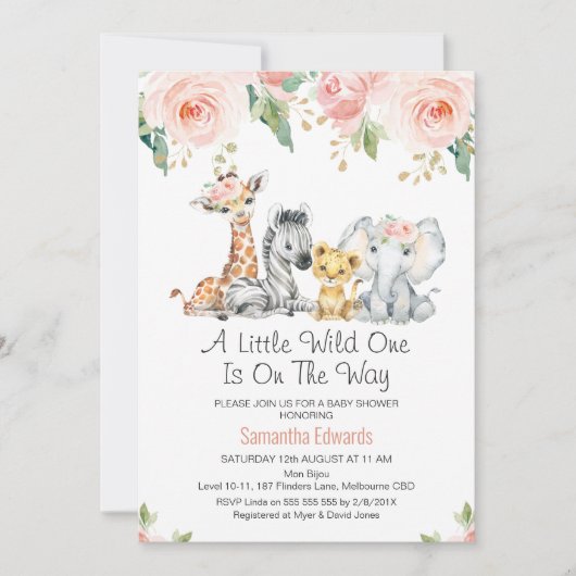 ピンク金ゴールドフローラサファリベビーベビーシャワー 招待状 (正面)