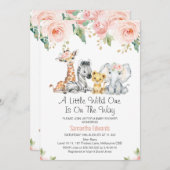 ピンク金ゴールドフローラサファリベビーベビーシャワー 招待状 (正面/裏面)