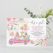 ピンク金ゴールドフローラサファリ動物少女のベビーシャワー 招待状 (スタンド正面)