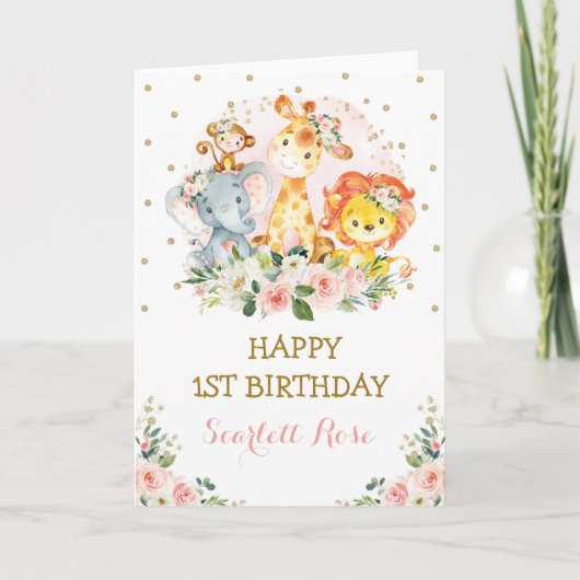 ピンク金ゴールドフローラジャングルサファリ動物誕生日 カード (正面)