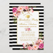 ピンク金ゴールドフローラストライプの卒業パーティー招待状 招待状 (正面/裏面)