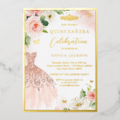 ピンク金ゴールドフローラティアラドレスエレガントキンセアニェラ 箔招待状 (正面)