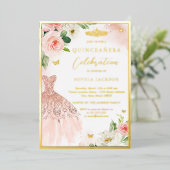 ピンク金ゴールドフローラティアラドレスエレガントキンセアニェラ 箔招待状 (立ち正面)