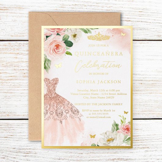 ピンク金ゴールドフローラティアラドレスエレガントキンセアニェラ 箔招待状