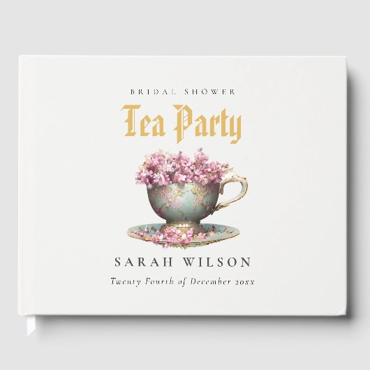 ピンク金ゴールドフローラティーカップブライダルシャワーティーパーティー ゲストブック (正面)