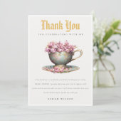 ピンク金ゴールドフローラティーカップブライダルシャワーティーパーティー サンキューカード (スタンド正面)
