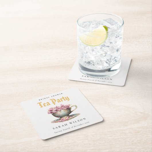 ピンク金ゴールドフローラティーカップブライダルシャワーティーパーティー スクエアペーパーコースター (インサイチュ)