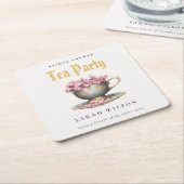 ピンク金ゴールドフローラティーカップブライダルシャワーティーパーティー スクエアペーパーコースター (アングル)