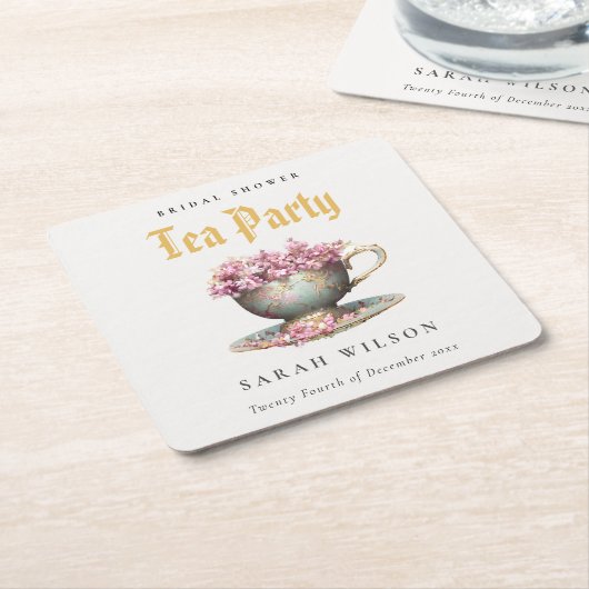 ピンク金ゴールドフローラティーカップブライダルシャワーティーパーティー スクエアペーパーコースター (アングル)