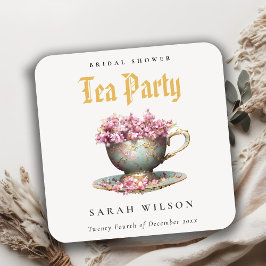 ピンク金ゴールドフローラティーカップブライダルシャワーティーパーティー スクエアペーパーコースター