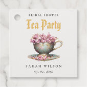 ピンク金ゴールドフローラティーカップブライダルシャワーティーパーティー フェイバータグ (正面)