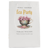 ピンク金ゴールドフローラティーカップブライダルシャワーティーパーティー ミディアムペーパーバッグ (正面)