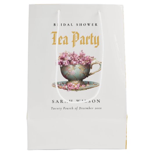 ピンク金ゴールドフローラティーカップブライダルシャワーティーパーティー ミディアムペーパーバッグ (裏面)
